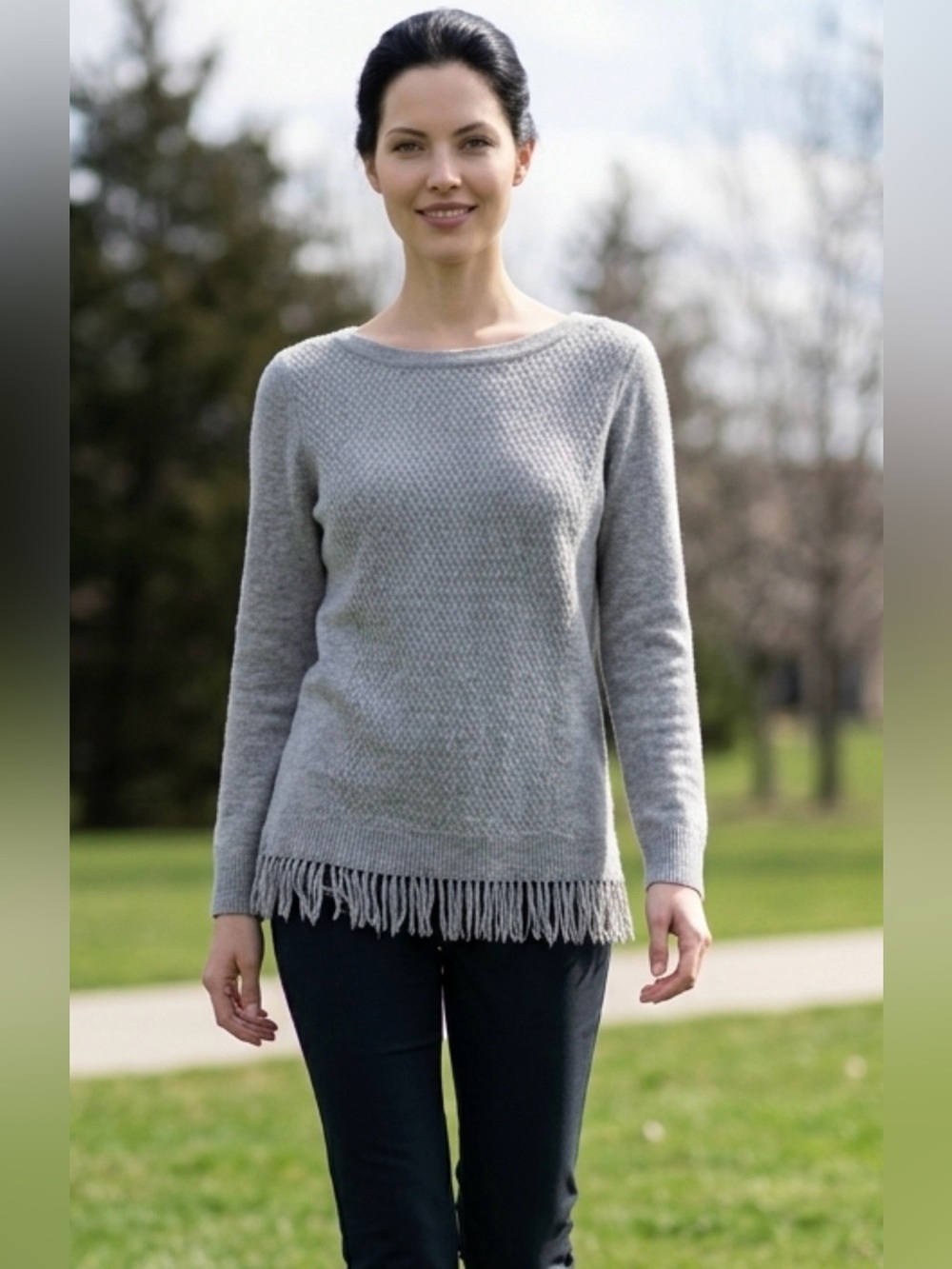 InCashmere Gray Fringe-Hem Boatneck Crewneck Cashmere Sweater